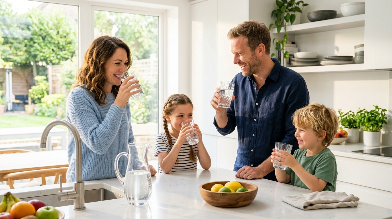 Family drinking pure mineral water in modern kitchen